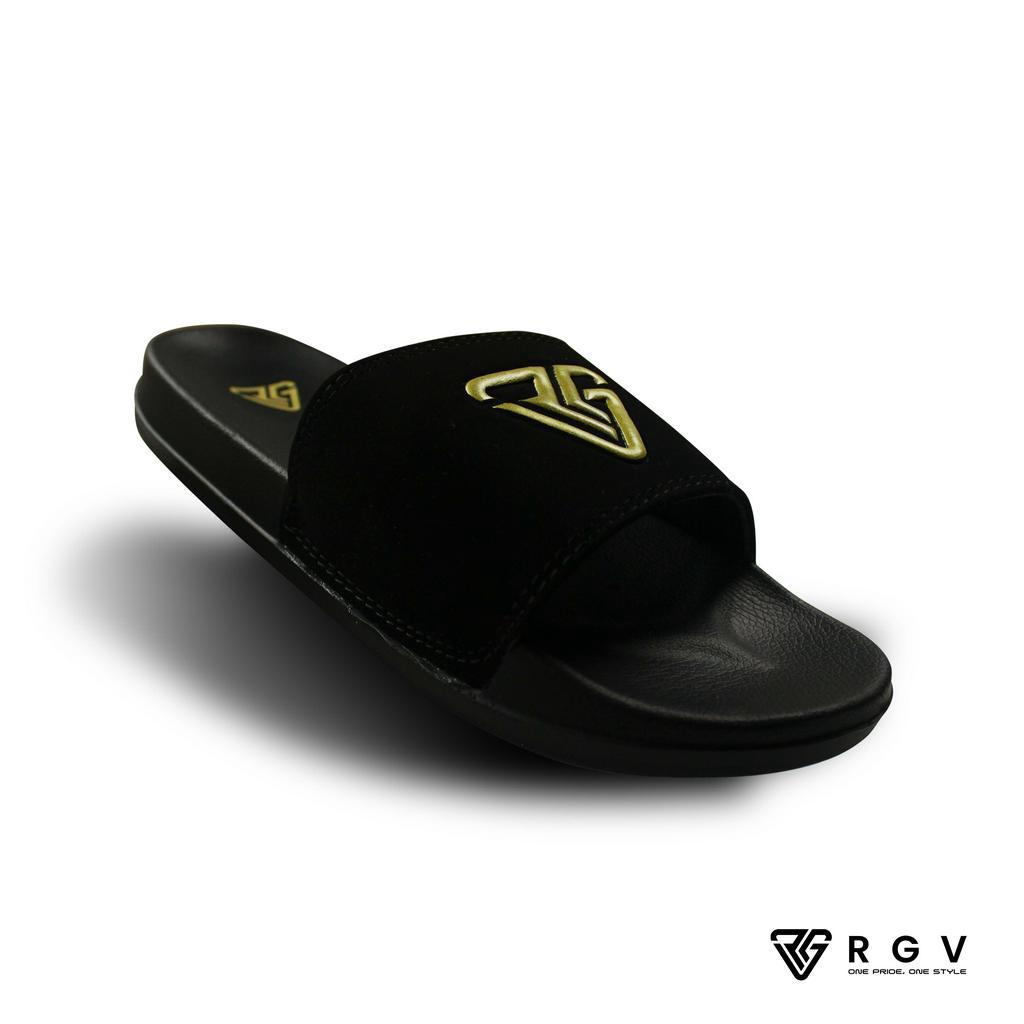 RGV - SANDAL PRIA DAN WANITA SLIDE SLIP ON SENDAL ANTI LICIN RINGAN SELOP BLACK LOGO GOLD