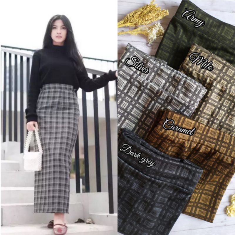 Rok Tartan Panjang Span Korean Style  Rok Kotak Kotak Panjang Korea Wanita Remaja matt Spandex Semi Woll