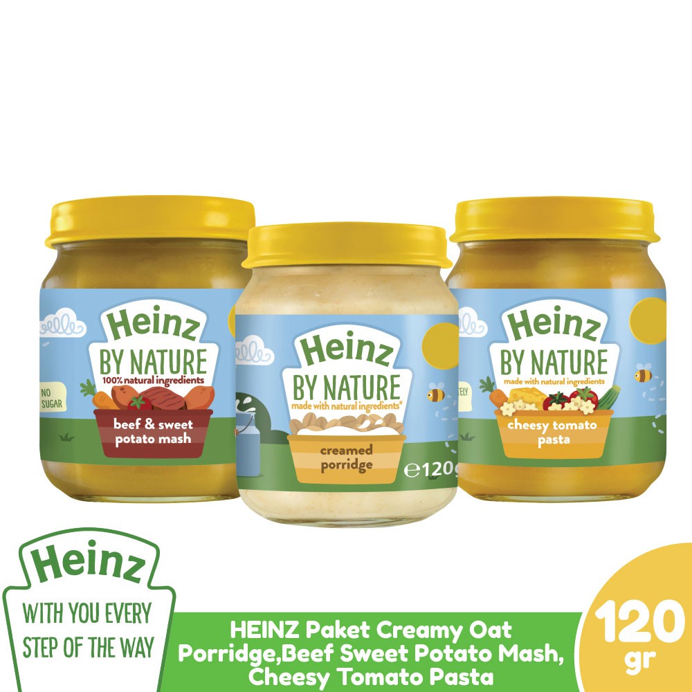 HEINZ Paket Creamy Oat Porridge, Beef Sweet Potato Mash, Cheesy Tomato Pasta 120Gr - 3Pcs