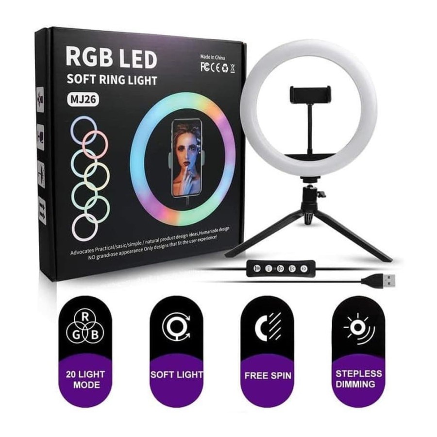 Handphone Holder Stand Selfie Ring Light RGB LED 26 cm - 30 cm Rainbow Lampu Disko + Tripod 2.1 Meter