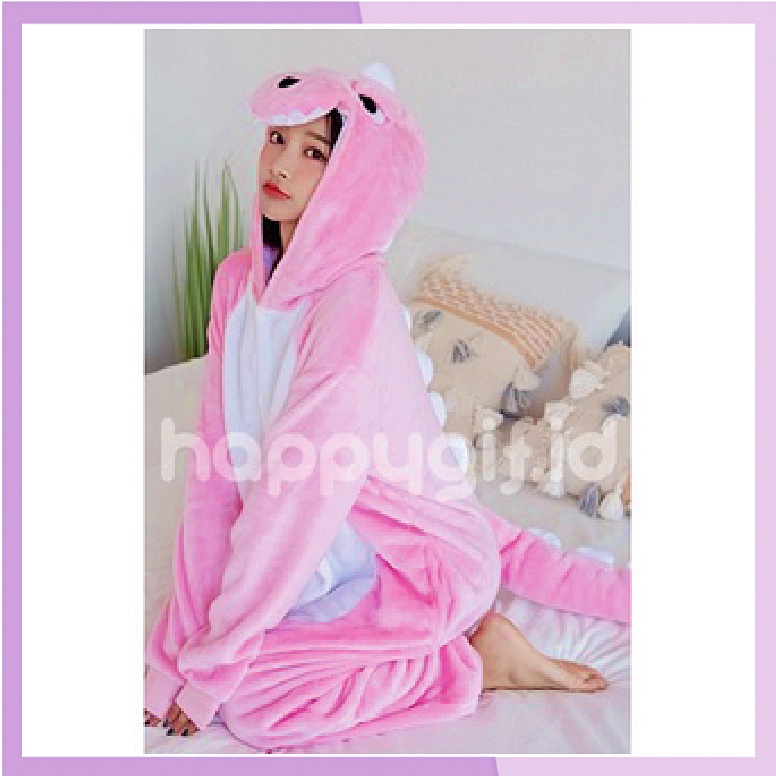 BAJU TIDUR KOSTUM ONESIE KIGURUMU PIYAMA DEWASA KARAKTER - DINO DINOSAURUS PINK UNIK