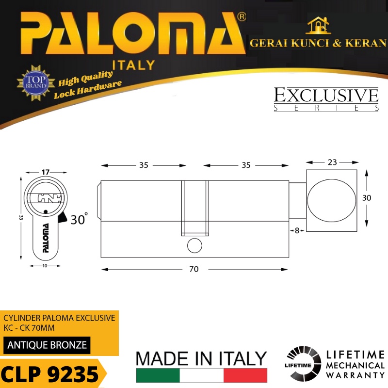 PALOMA CLP 9235 KNOB CYLINDER ITALY 70 MM EXCLUSIVE KUNCI PINTU BRASS ANTIQUE BRONZE