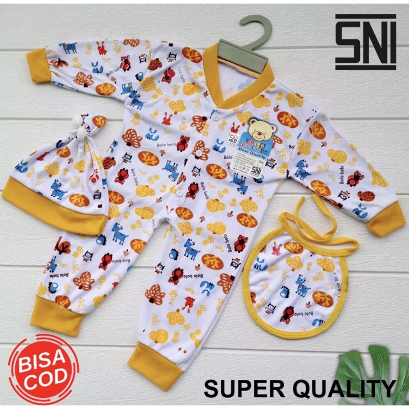 PROMO 7.7 jumper Bayi komplit Bolo Bolo Buka Kaki Motif Lucu SNI Jumsuit Baju Kodok Celemek + Topi DNW BABY