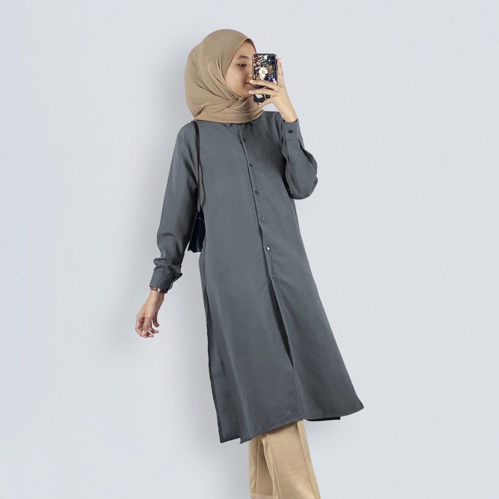 Grace Tunik Crinkle L-XXL Kancing Depan / Kemeja Atasan Wanita OVERSIZE Lengan Panjang Bahan Cotton Crinkle