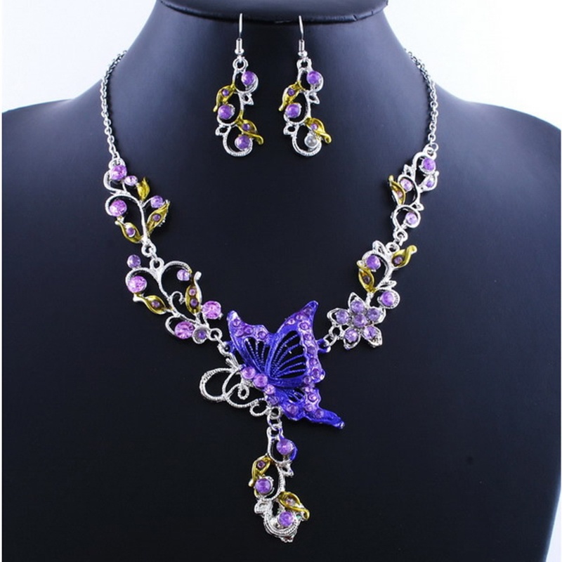 SIY  Hot Elegant Butterfly Flower Rhinestone Pendant Necklace Earrings Jewelry Set