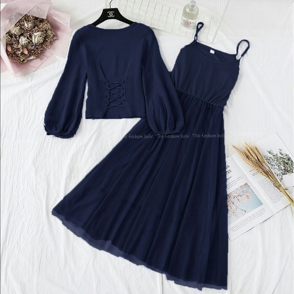 SETELAN DRESS WANITA WARNA NAVY BAHAN OUTER MOSSCREPE INNER SPANDEK ORIGINAL BEST QUALITY ELEGAN