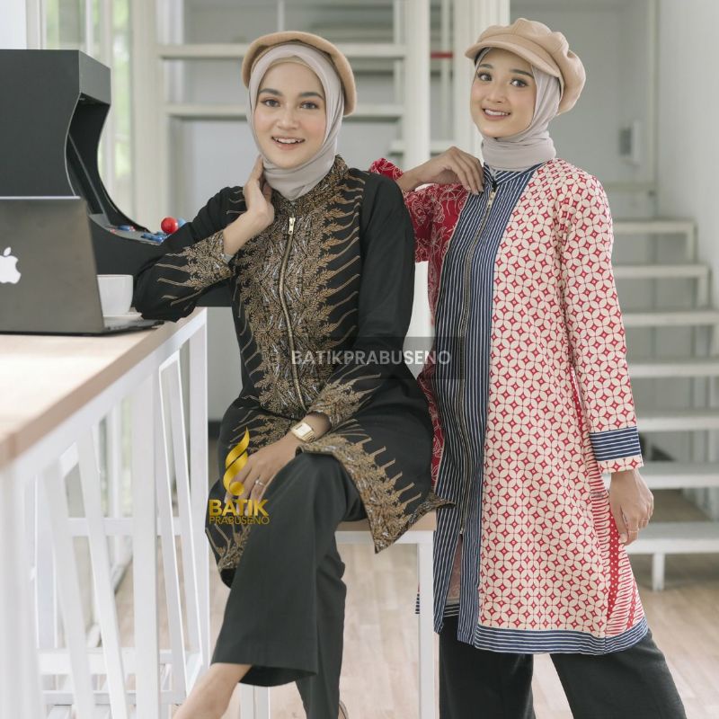 Modang Nada Atasan Baju Batik Wanita Full Furing 2in1 Tunik & Outer Lengan Panjang  Katun Premium Ju