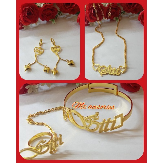 SATU PAKET GELANG, CINCIN, ANTING'' DAN KALUNG NAMA MOTIF LOVE SET PERHIASAN WANITA ||GOLD