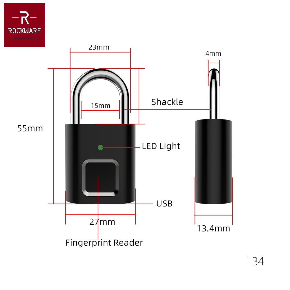 ROCKWARE RW-L34 Mini Fingerprint Lock - Gembok Kecil Sensor Sidik Jari