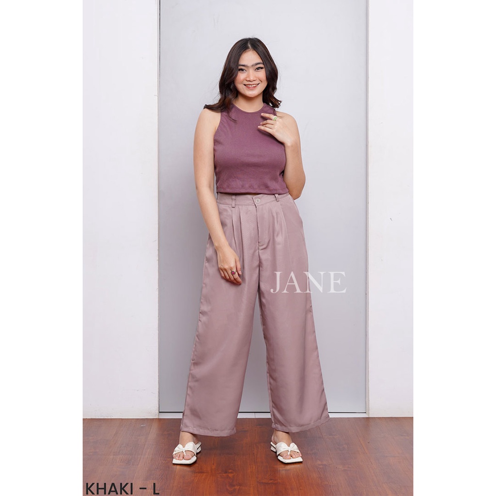 JANE COLLECTION || Celana Kain Formal Kerja Wanita Kulot High Waist Fashion Celana Panjang Jumbo Kantor Korea Bahan Pinggang Karet Kancing - Korean Longpants Ara BIGSIZE M L XL XXL Hitam Putih Olive Khaki Cream Choco