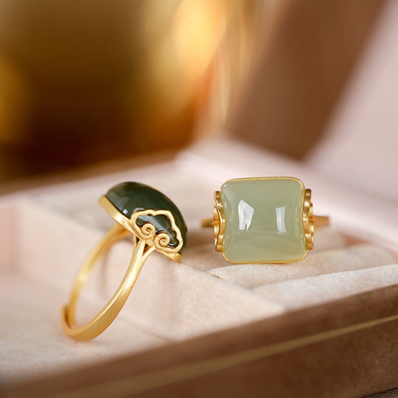 Cincin Lapis Emas Model Terbuka Desain Awan Batu Permata Hijau Giok Auspicious Gaya Vintage Untuk Wanita