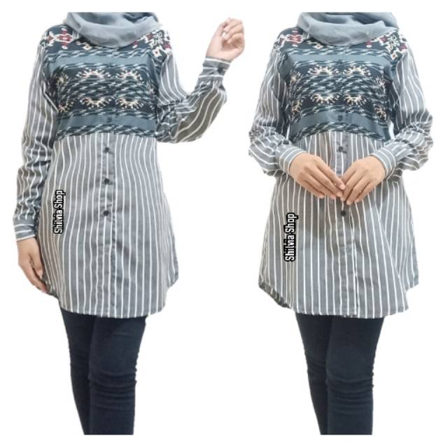 Tunik Batik Kombinasi Motif Garis-garis Terbaru, Tunik Modis Wanita Hijabers Bahan Katun Size L