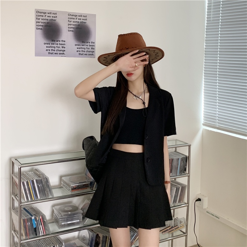 [chaoo.id]Blazer Wanita korean style Lengan Pendek Warna Polos Jaket Potongan Loose