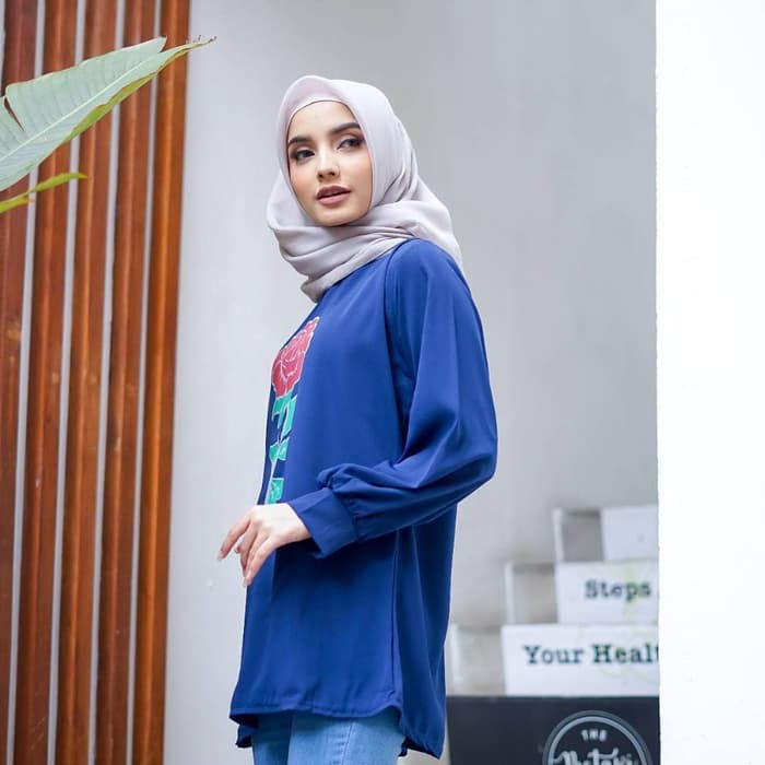 TRENDY  Pakaian atasan ibu wanita blouse set Flower Blus Baju Atasan Panjang Wanita Hijab Modern B