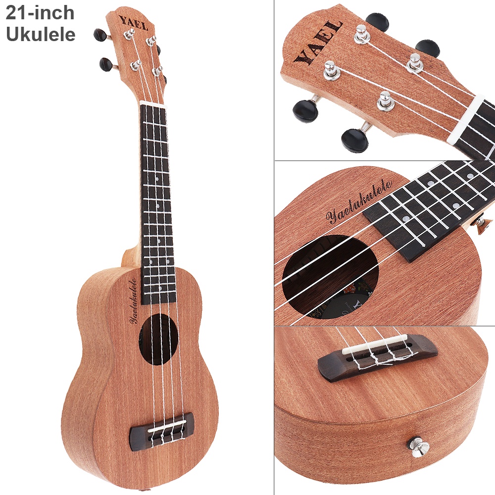 Gitar Hawaii Ukulele Soprano 21 Inci Bahan Kayu Sapele Dengan 15 Fret Empat Senar