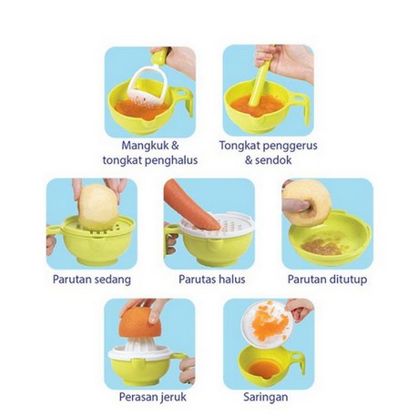 Baby Safe AP014 Multi Food Grinding Set Alat Pengolah MPASI Food Maker Tempat Mengolah Mpasi Babysafe Parutan Saringan Mangkuk Perasan Jeruk Tongkat Penghalus Tongkat Penggerus Dan Sendok Mpasi Hijau Orange Babysafe