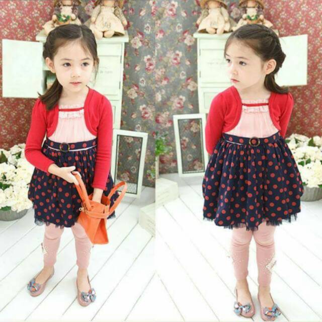 Dress Anak Cewek Polka Show Fake Cardi Red