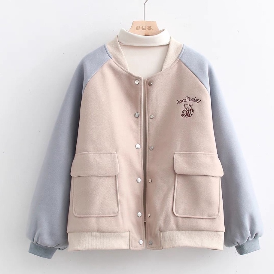 beby bear baseball jaket oversize wanita | jaket fashion korea varsyti jaket|korean style