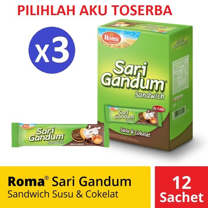Roma Sari Gandum Sandwich Susu &amp; Cokelat isi 12 pcs @ 39 gram ( HARGA 1 PAKET ISI 3 )