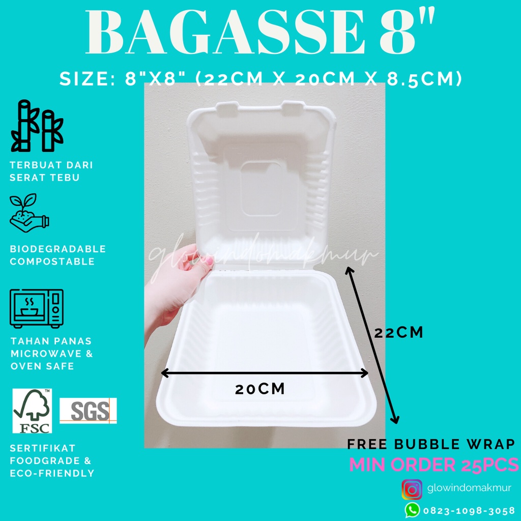 Bagasse Kotak 8 INCH 8&quot; Lunchbox Takeaway Sugarcane Serat Tebu ECO FRIENDLY Bento Set