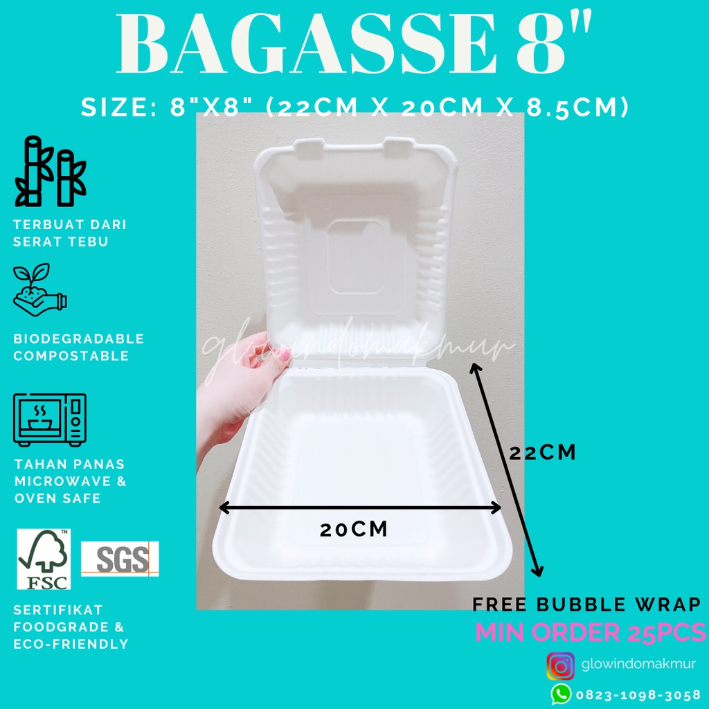 Bagasse Kotak 8 INCH 8&quot; Lunchbox Takeaway Sugarcane Serat Tebu ECO FRIENDLY Bento Set