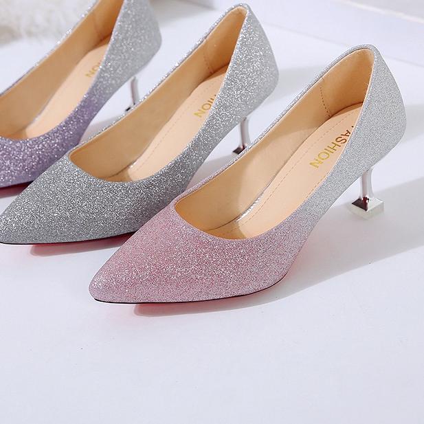♪ Sepatu Hak Tinggi Wanita Pernikahan Pengantin Warna Gradient Runcing Purple Ungu Pink Grey Abu Ele