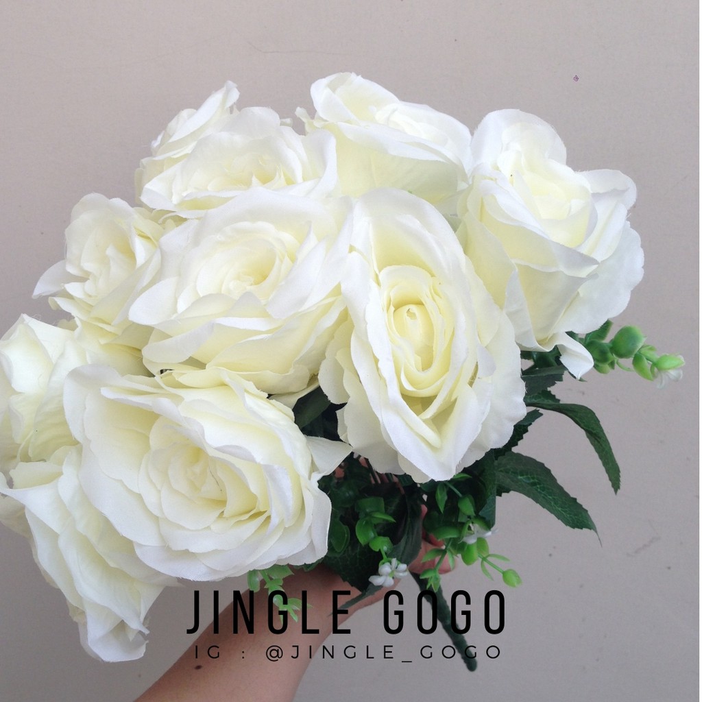 Buket Bunga Mawar Putih BESAR 10Cabang Wedding Bridal Artificial Artifisial Bouquet Hiasan Seserahan