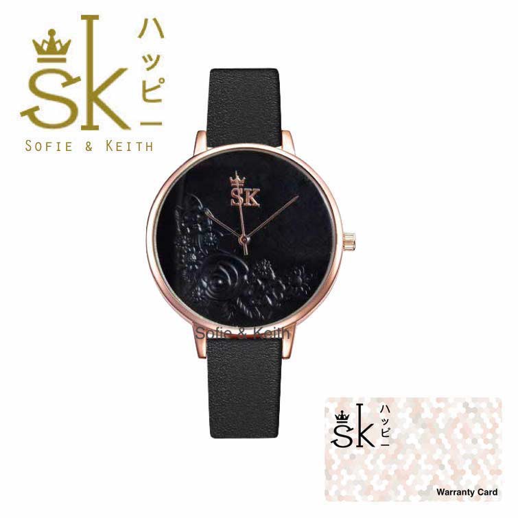 SK Mawar 3D [ Hitam ] Jam Tangan Water Resistant Wanita Fashion Strap Leather - SK_814