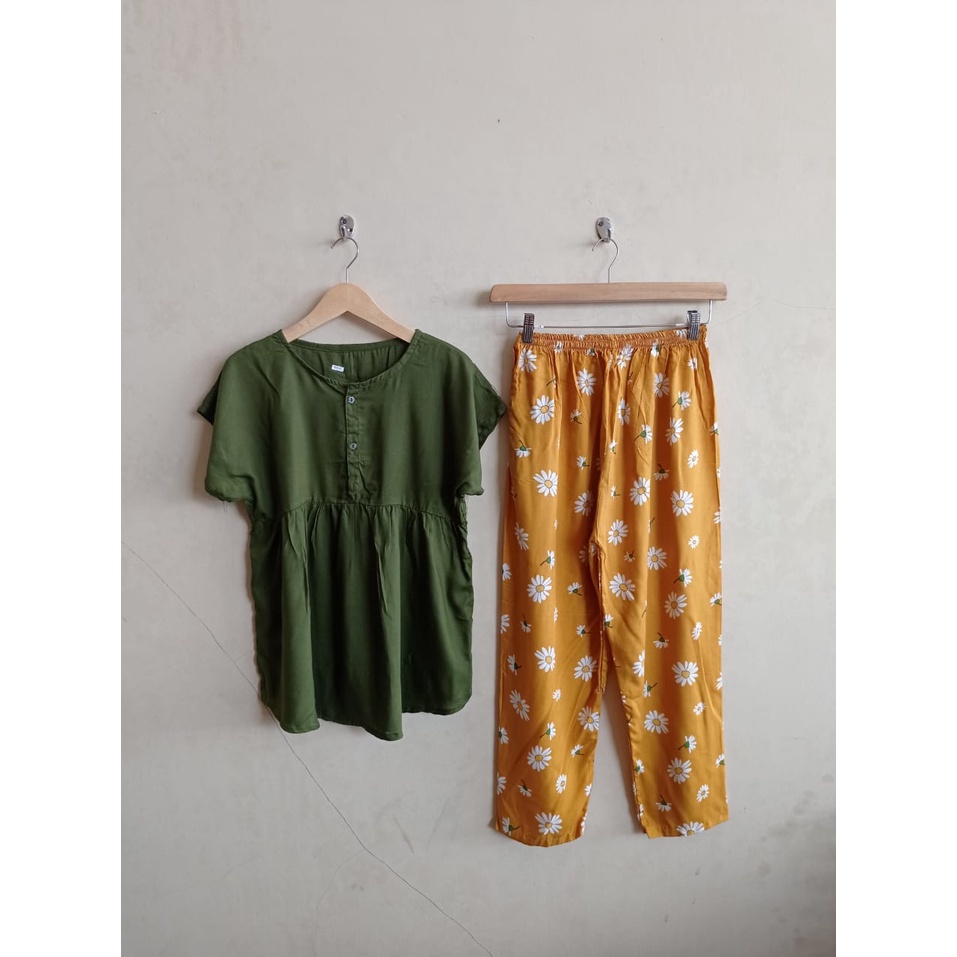 SETELAN BAJU TIDUR PIYAMA WANITA ONE SET PAJAMAS RUFFLE KANCING BUSUI CELANA PANJANG-BBR 28