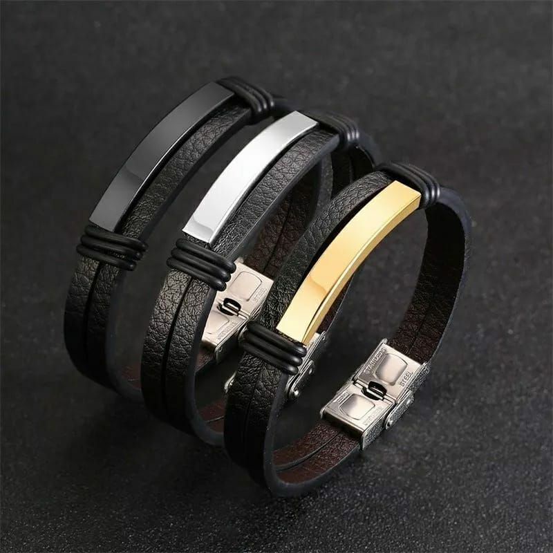 [High Quality] Gelang Kulit Pria Dua Layer Leather Emas, Perak, Hitam, / Gelang Kulit