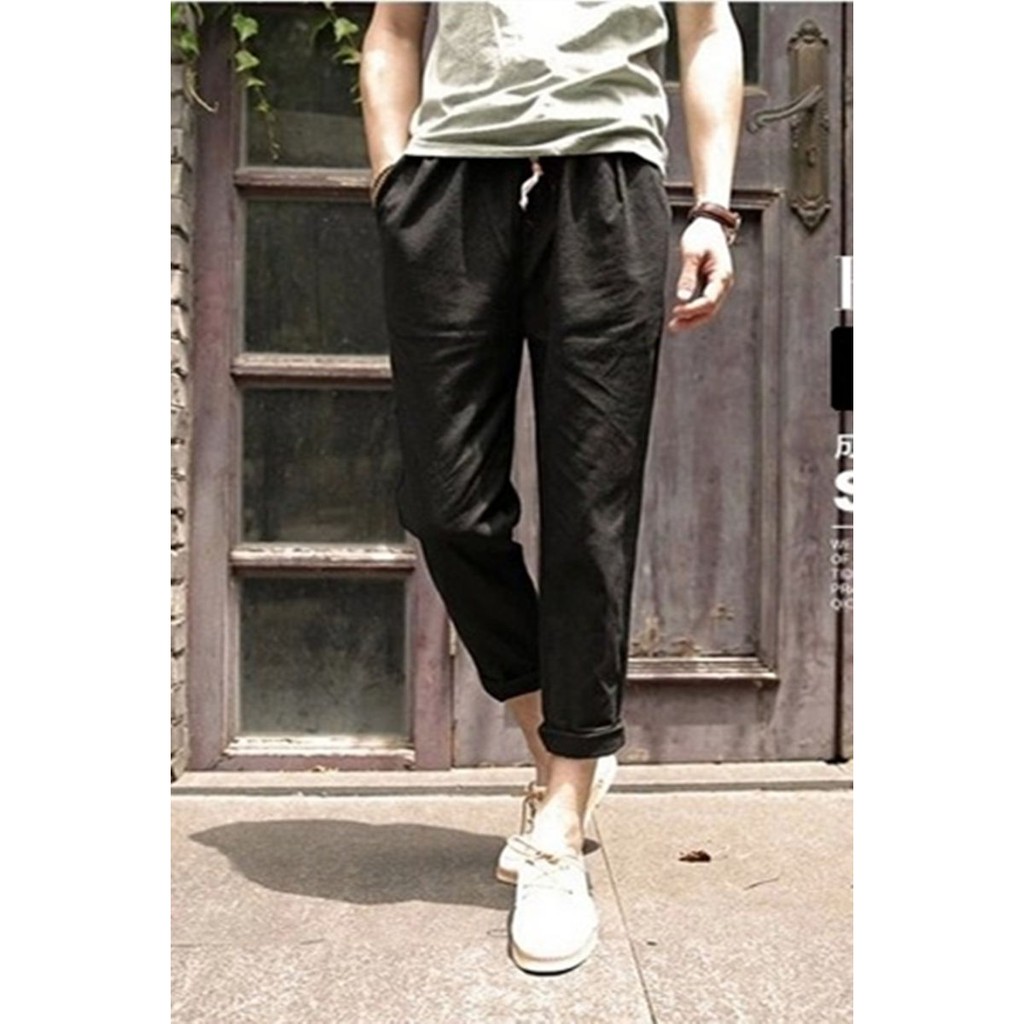 \u3010infashionstyle\u3011Celana Panjang Casual Musim Panas Slim 9/10 Bahan Linen Model Baggy untuk Pria