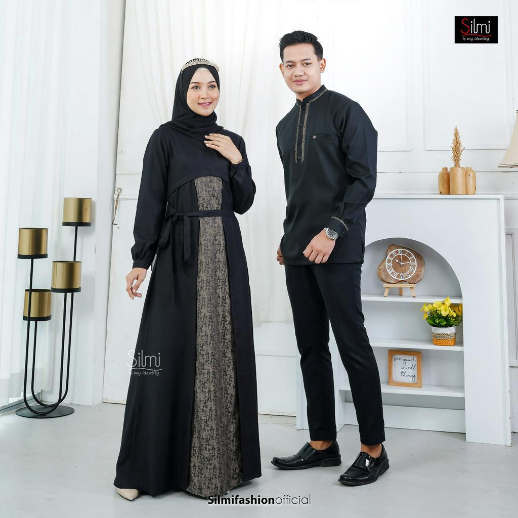 Baju Couple Pasangan Muslim Lebaran Kekinian Lengan Pendek Warna Hitam Ori Brand Silmi Koko Ilham Gamis Alfina