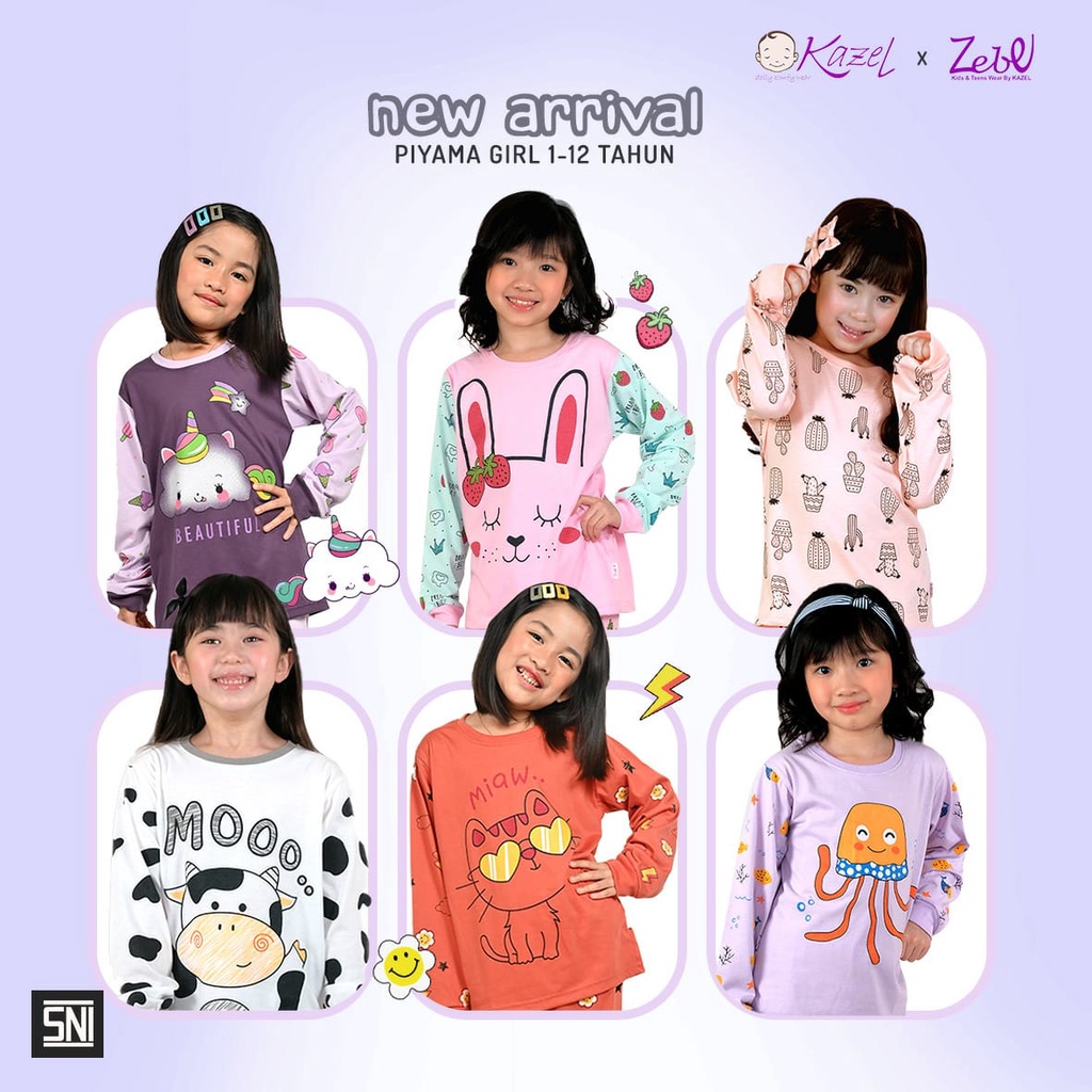 1stel Kazel Piyama Girl Motif Big Size 7/8/9/10/11/12 Untuk 6-12 Tahun - Setelan Panjang Anak / Baju Tidur Anak