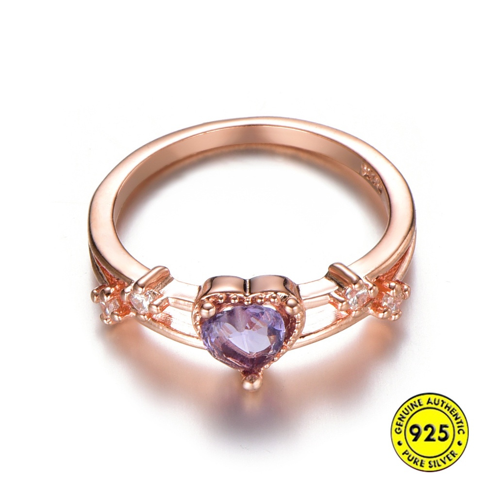 Cincin S925 Silver Rose Gold 18k Bentuk Hati Aksen Kristal Ungu