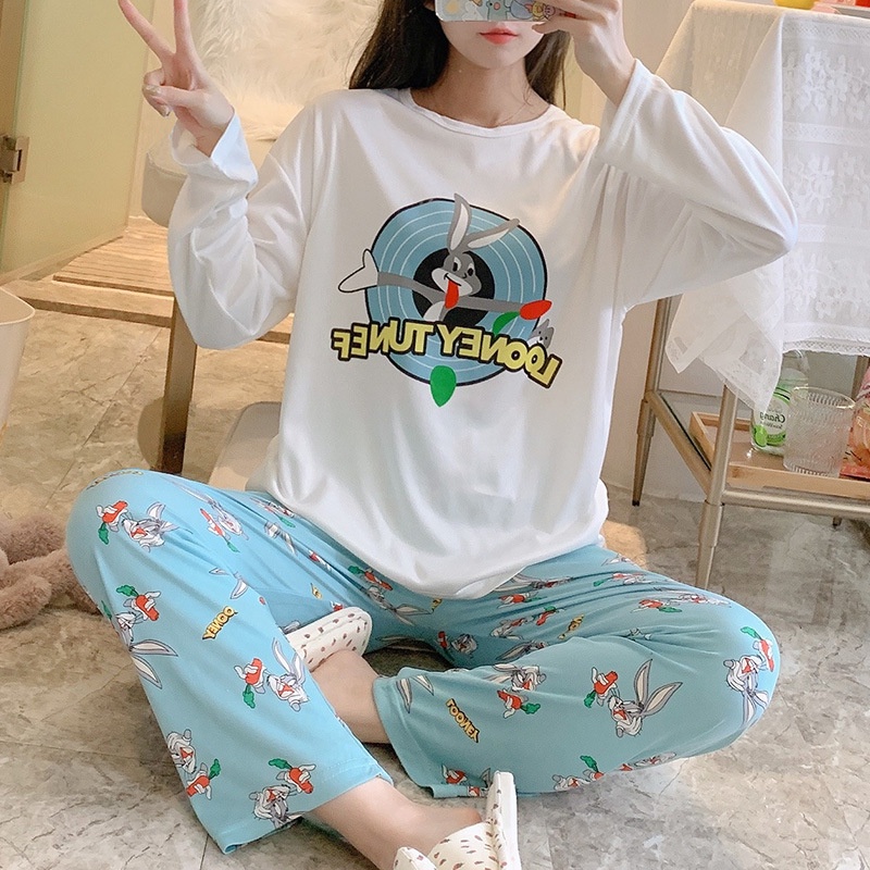 Setelan Piyama Oversize Bahan katun Adem Lengan Panjang Setelan Baju Tidur Wanita Oversize Piyama Pakaian Tidur Wanita Set Piyama Wanita Dewasa Motif Imut Karakter Kartun-looney rabbit