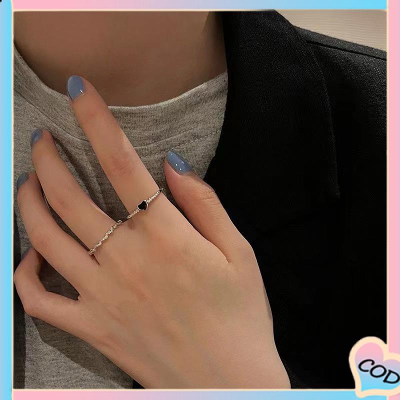 COD❤️ 2 pcs Cincin Zirkon Hitam Wanita High-end Fashion Kepribadian Jari Telunjuk Cincin-A.one