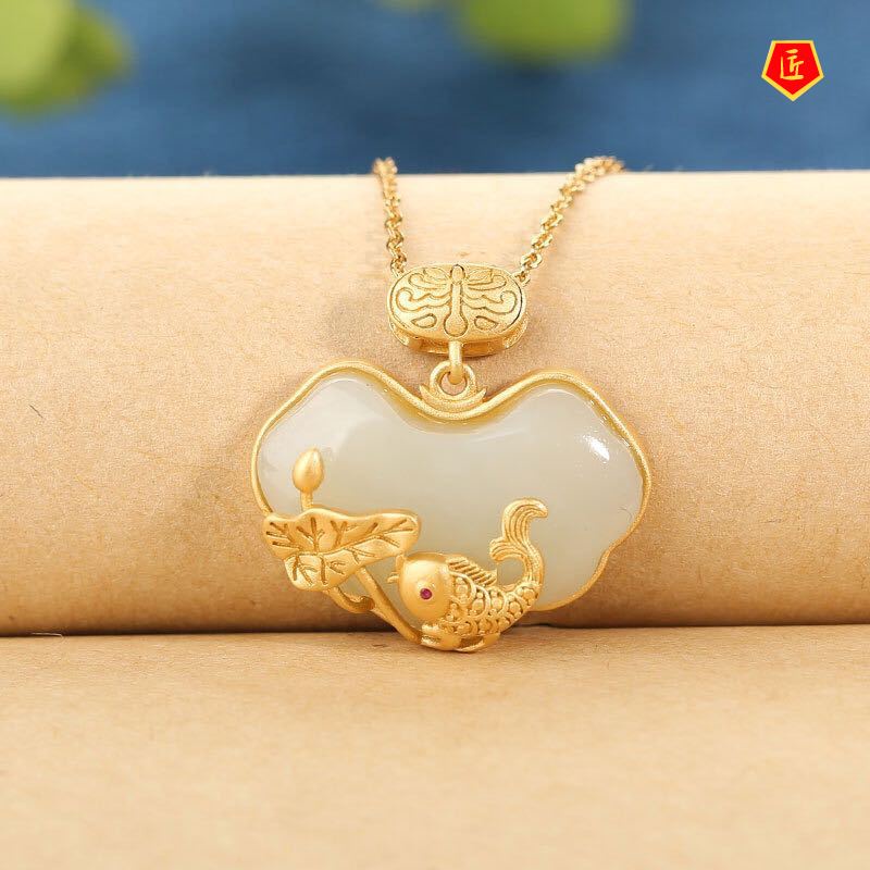 [Ready Stock]Women's Hetian White Jade Lotus Leaf Fish Lock of Good Wishes Pendant Necklace