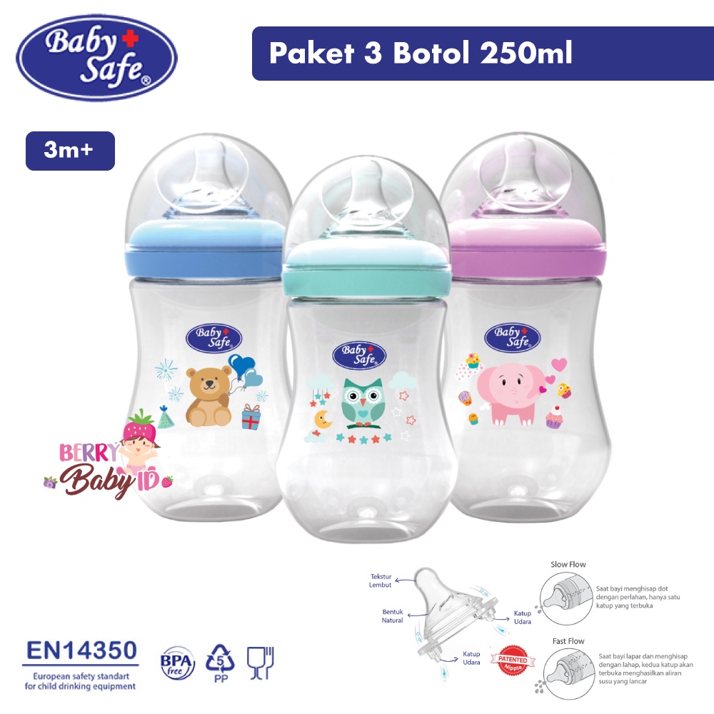 Baby Safe Bottle Set 3pc Botol Susu Bayi Wide Neck 125ml 250ml 0m+ 3m+ Berry Mart