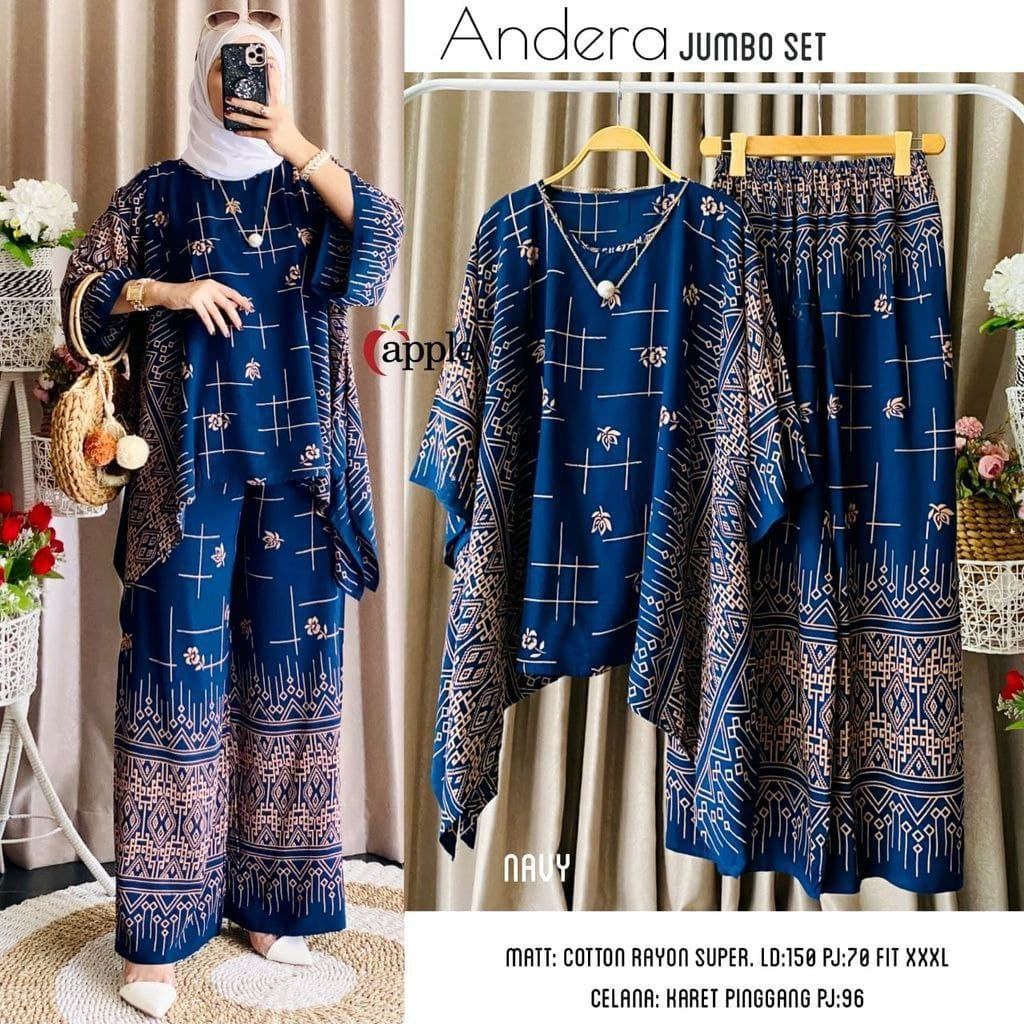 Andera One Set Jumbo Rayon Batik Premium Waka Waka Setelan Wanita Celana Panjang Set Bigsize LD 150 cm