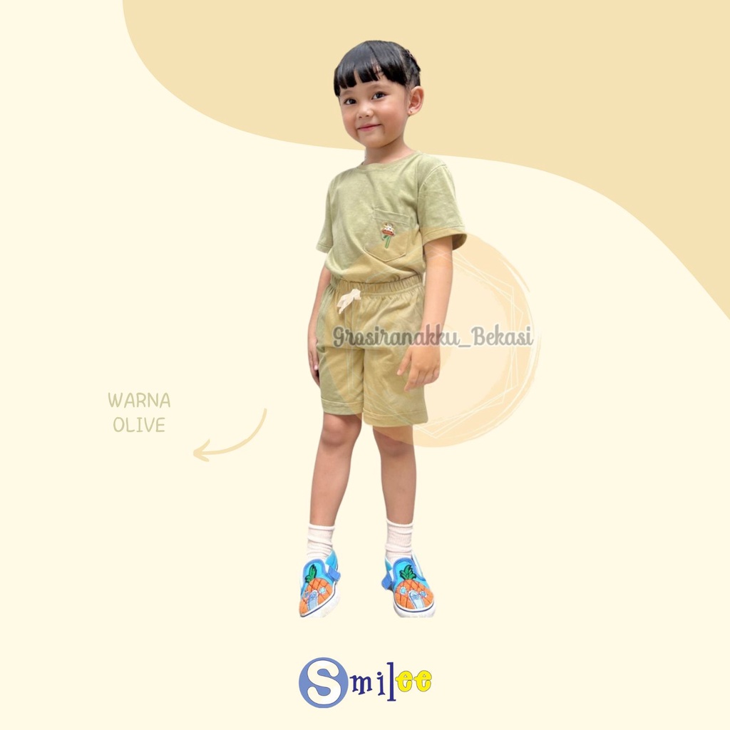 Setelan Anak Unisex Baim Smilee Warna Olive Size 1-5 Tahun