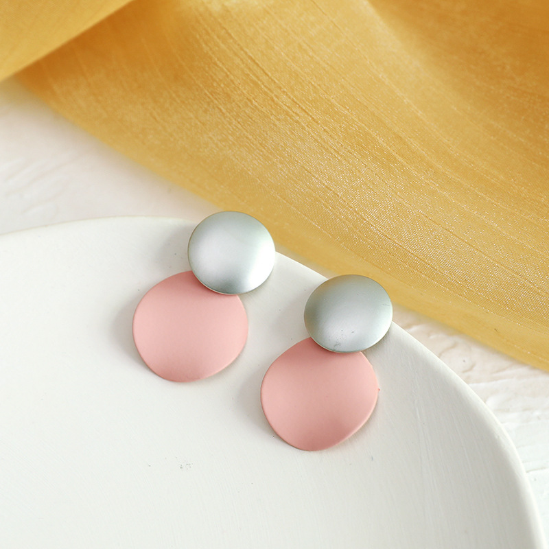 S925 Jarum Perak Anting Cakram Merah Muda Anting Gadis Cinta Bengkak Karamel Aksesoris Ceruk Geometris Mode Korea