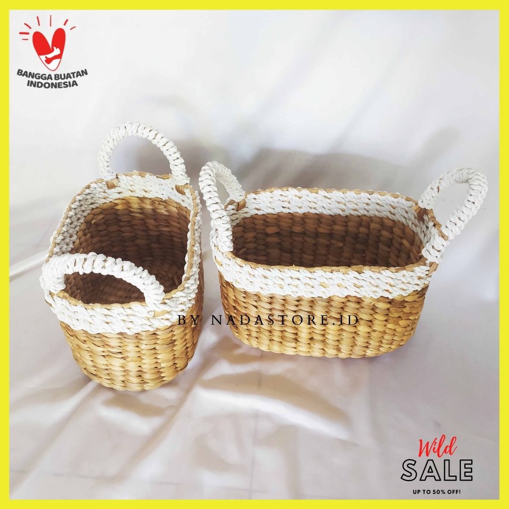 keranjang anyaman enceng Gondok handel Seagrass Oval Variasi Putih Dengan Handle / Hampers Box