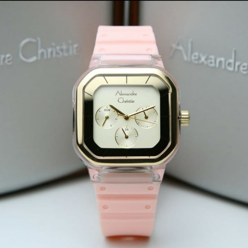ORIGINAL GARANSI RESMI JAM TANGAN WANITA ALEXANDRE CHRISTIE GOLD PEACH RUBBER STRAP CEWEK ALEXANDER 