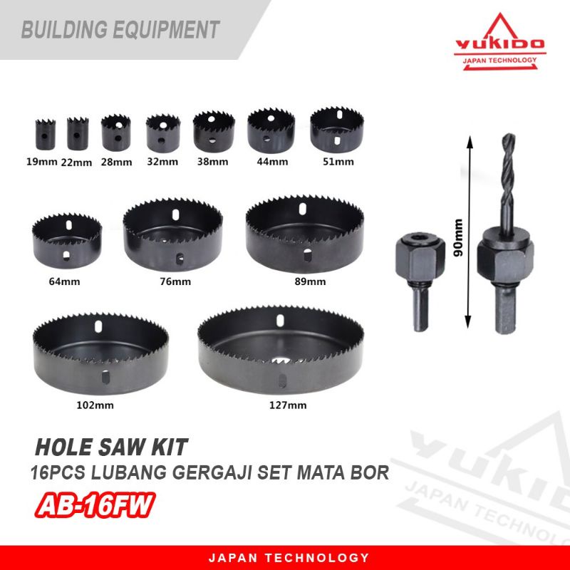 PROMO Holesaw Kit Hole Saw Kit Mata Bor Kayu Set 16pcs  Pelubang Kayu Kayu PIPA PARALON PVC GYPSUM ACRYLIC Hidroponik