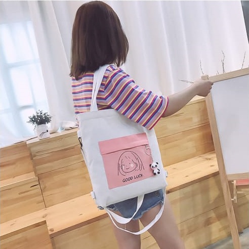 Twenty Bag - Tas Tote Bag Wanita Resleting Terbaru 2022 Aesthetic Kekinian Motif Carakter GOOD LUCK Korea Style Multifungsi Bisa DI Ransel