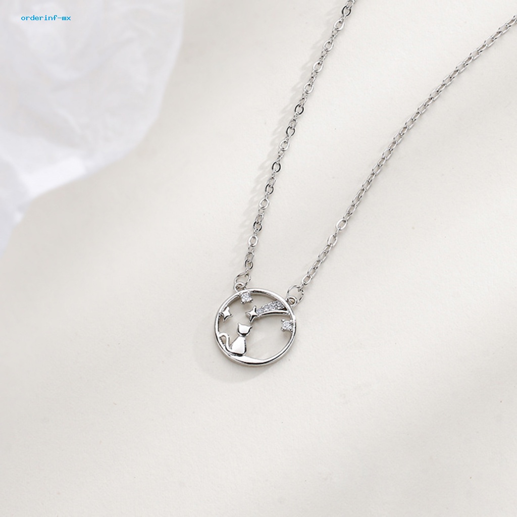 Kalung Rantai Klavikula Hias Liontin Bintang Kucing Aksen Berlian Imitasi Untuk Wanita