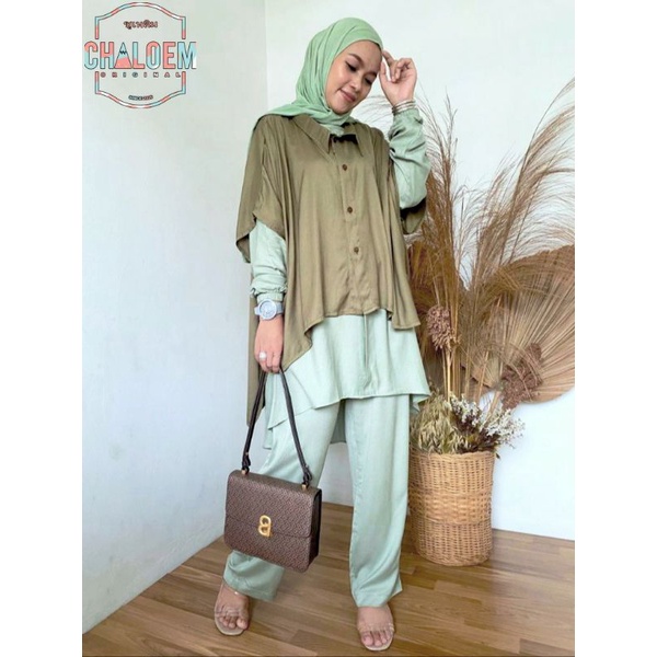 Set sarah 3in1 By Chaloem (celana+tunik+outer) Matt Rayon twill premium