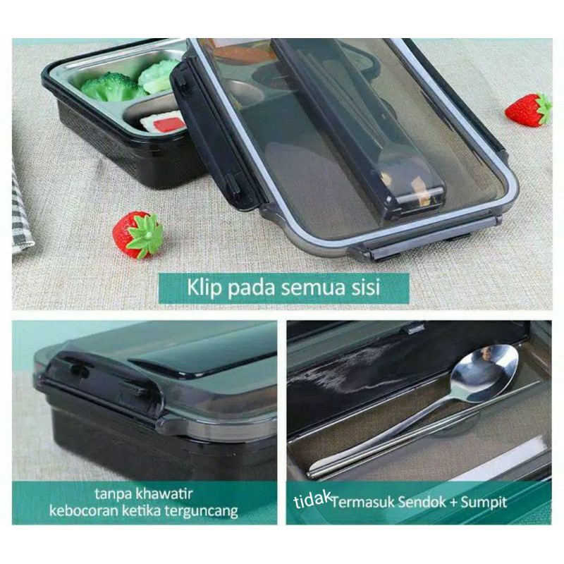 Laristerus79 KOTAK MAKAN 304 HITAM steinless 4 sekat penghangat makanan stand hp