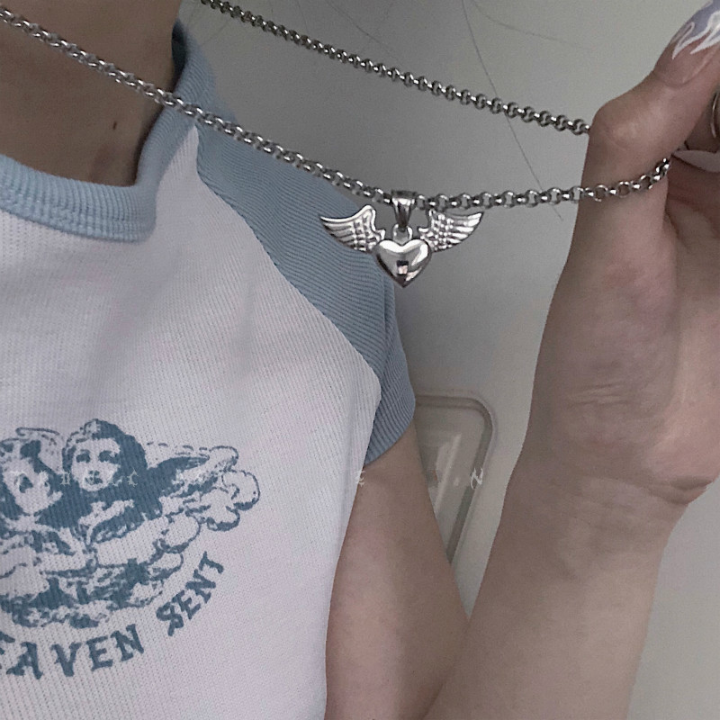 Necklace Angel Love Heart Wing Pendant Korean Harajuku Titanium Steel