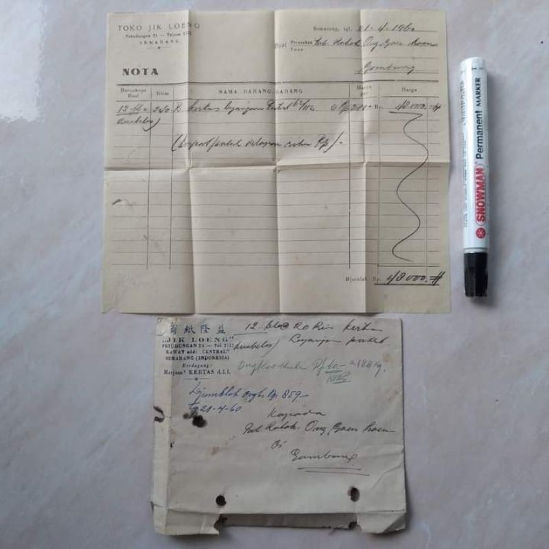 Koleksi Dokumen Kuno Jadul Nota Dagang Sampul Surat 21 April 1960